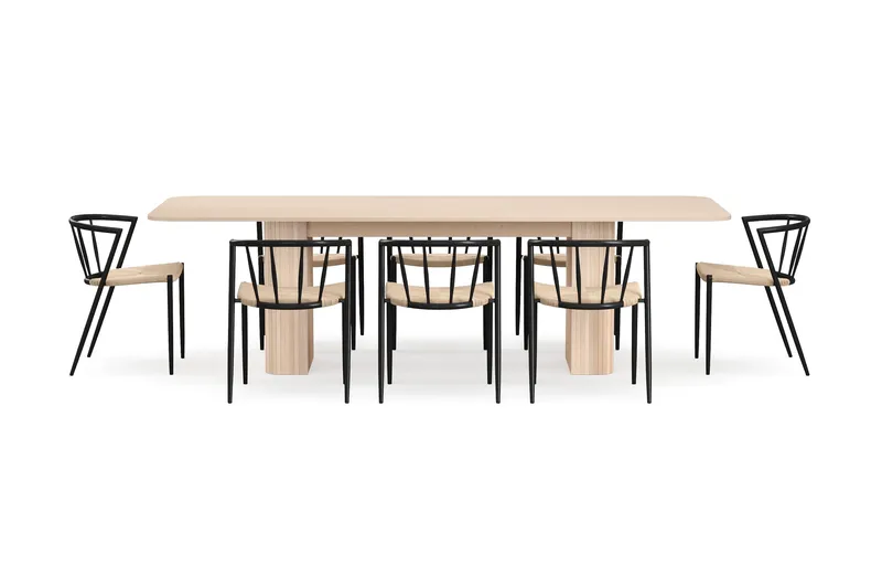 Kopparbo Matbord 200-260 cm Förlängningsbart med illäggsskiv med 8 Winston Matstolar - Vit / Beige / Metallben Svart - Möbler - Bord & matgrupper - Matgrupper