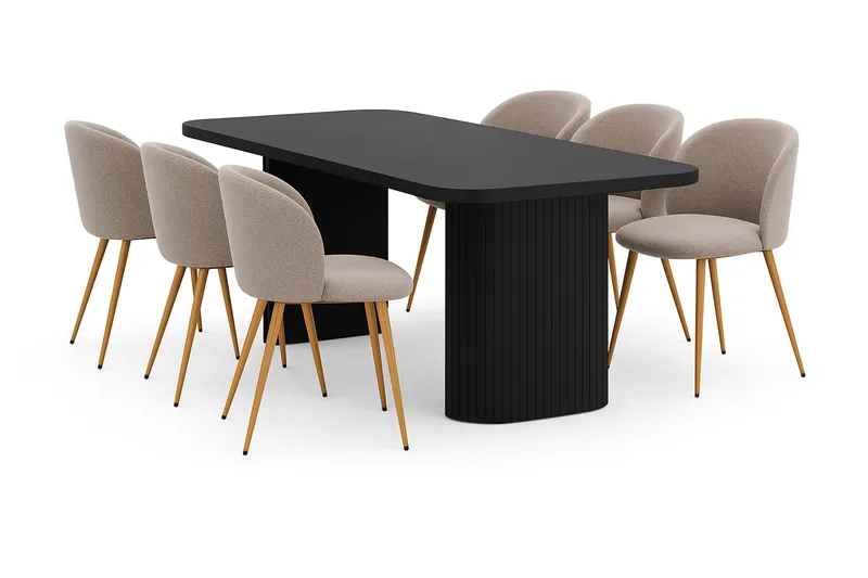 Kopparbo Matbord 200 cm med 6 Greya Matstolar med armstöd, Svart / Greige Bouclé / Metallben Ek