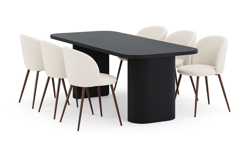 Kopparbo Matbord 200 cm med 6 Greya Matstolar med armstöd, Svart / Vit Bouclé / Metallben Valnöt