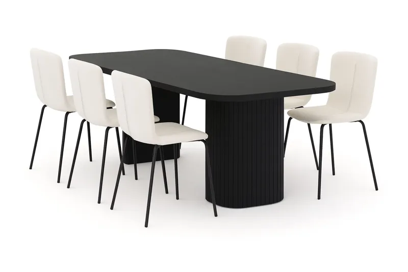 Kopparbo Matbord 200 cm med 6 Katy Matstolar, Svart / Vit Bouclé / Metallben Svart