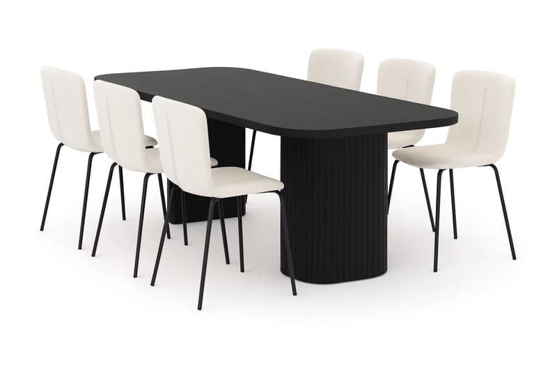 Kopparbo Matbord 200 cm med 6 Katy Matstolar, Svart / Vit Bouclé / Metallben Svart