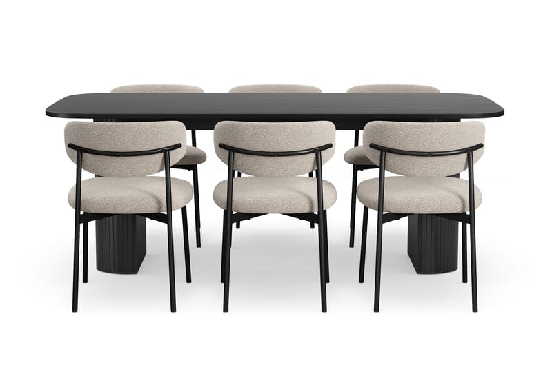 Kopparbo Matbord 200 cm med 6 Lucy Matstolar - Svart / Greige Bouclé / Metallben Svart - Möbler - Bord & matgrupper - Matgrupper