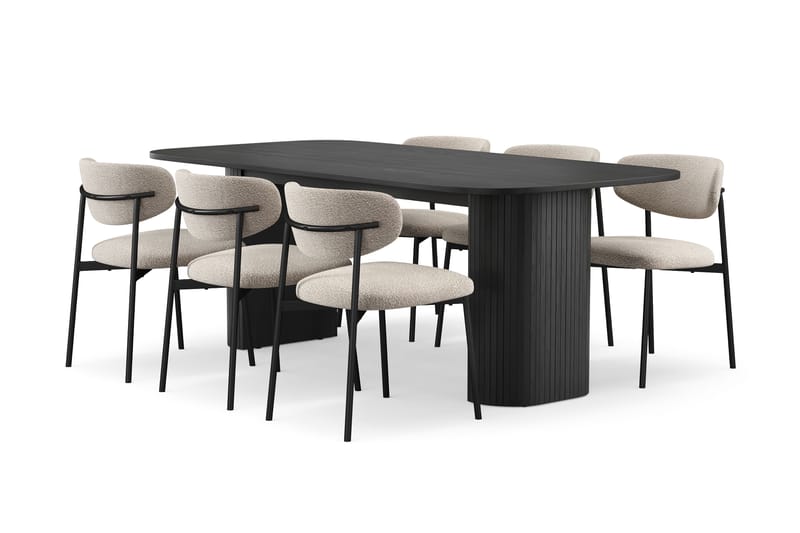 Kopparbo Matbord 200 cm med 6 Lucy Matstolar, Svart / Greige Bouclé / Metallben Svart