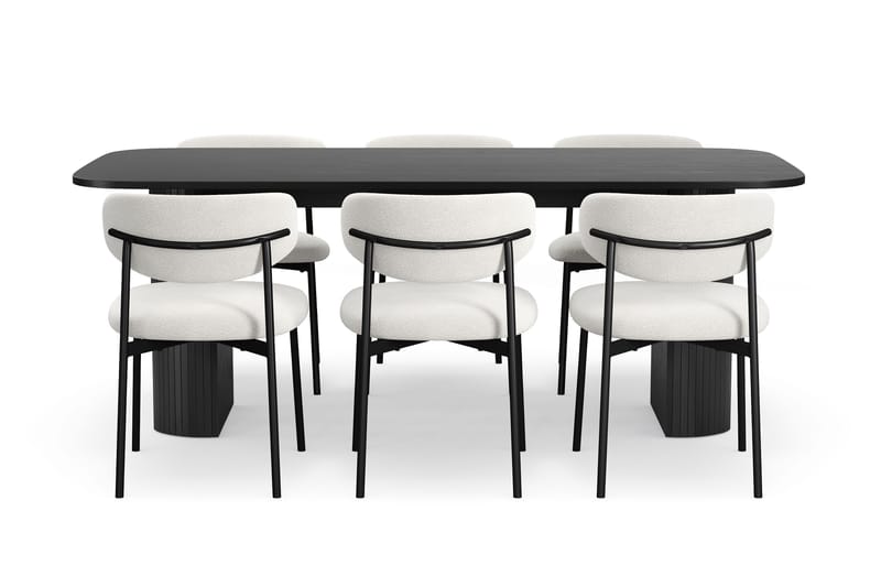 Kopparbo Matbord 200 cm med 6 Lucy Matstolar - Svart / Vit Bouclé / Metallben Svart - Möbler - Bord & matgrupper - Matgrupper