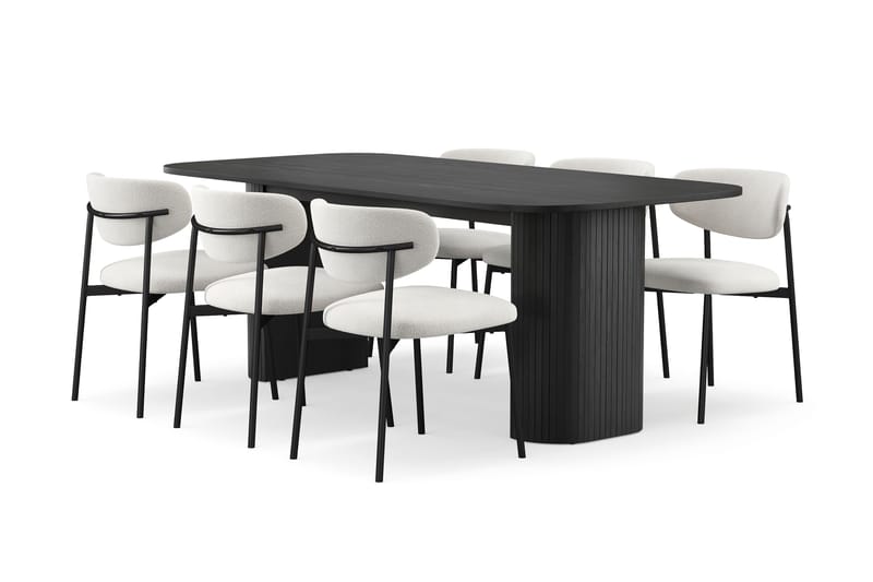 Kopparbo Matbord 200 cm med 6 Lucy Matstolar, Svart / Vit Bouclé / Metallben Svart