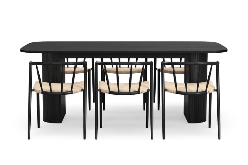 Kopparbo Matbord 200 cm med 6 Winston Matstolar - Svart / Beige / Metallben Svart - Möbler - Bord & matgrupper - Matgrupper