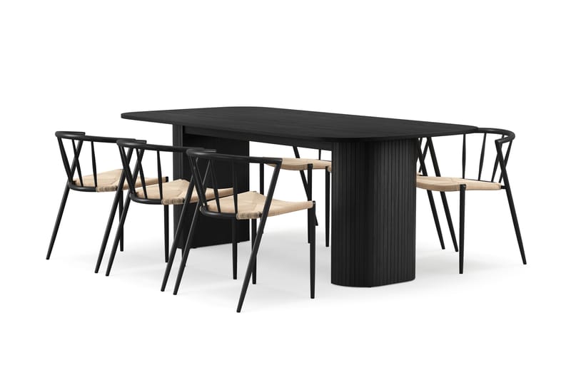 Kopparbo Matbord 200 cm med 6 Winston Matstolar, Svart / Beige / Metallben Svart