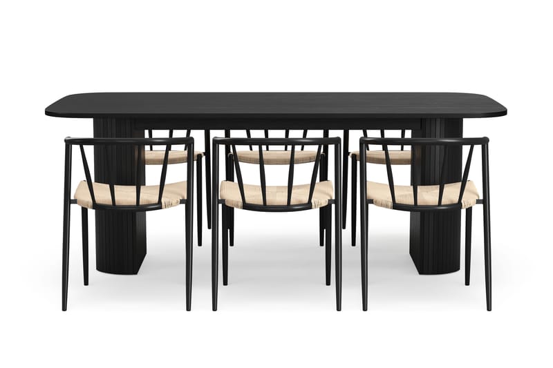 Kopparbo Matbord 200 cm med 6 Winston Matstolar - Svart / Beige / Metallben Svart - Möbler - Bord & matgrupper - Matgrupper