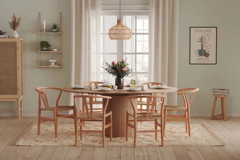 Kopparbo Runt Matbord 130 cm Förlängningsbart med illäggsskiva - Vitlaserat Ek / Ljusbeige - Möbler - Bord & matgrupper - Matbord & köksbord