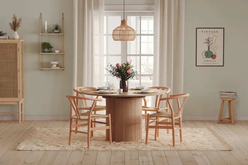 Kopparbo Runt Matbord 130 cm Förlängningsbart med illäggsskiva - Vitlaserat Ek / Ljusbeige - Möbler - Bord & matgrupper - Matbord & köksbord