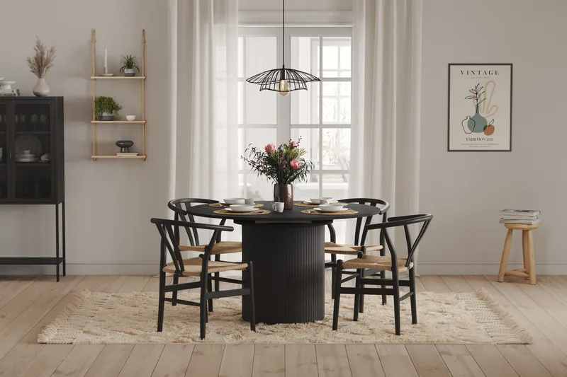 Kopparbo Runt Matbord 130 cm Förlängningsbar med illäggsskiva - Svart Trä / Ribbad - Möbler - Bord & matgrupper - Matbord & köksbord