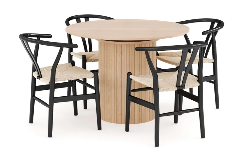 Kopparbo Matgrupp 106 cm Rund Förlängningsbart med 4 Dastoori Matstolar - Whitewash - Möbler - Bord & matgrupper - Matgrupper