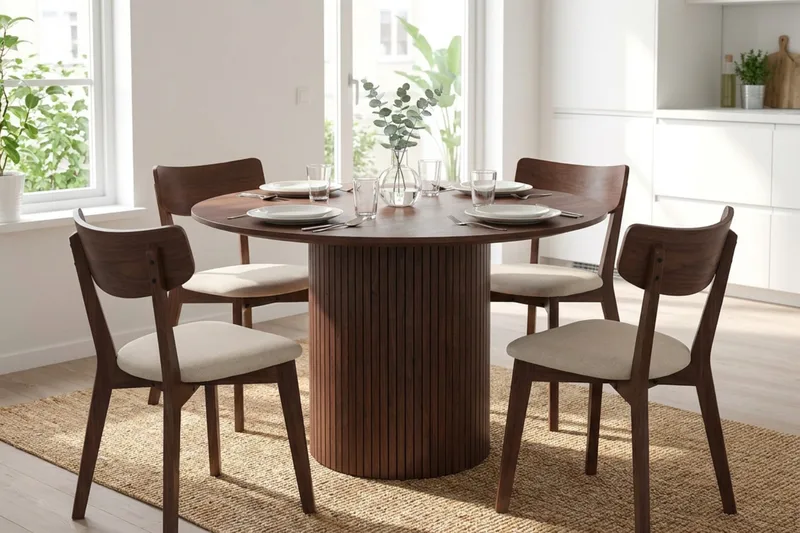 Kopparbo Matgrupp 110 cm runt i Valnöt med 4 Amelia Matstolar med Dyna - Valnöt/Beige - Möbler - Bord & matgrupper - Matgrupper