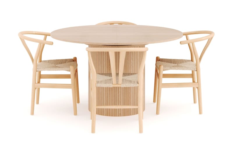 Kopparbo Matgrupp 130 cm Rund Förlängningsbart med 4 Dastoori Matstolar - Whitewash - Möbler - Bord & matgrupper - Matgrupper