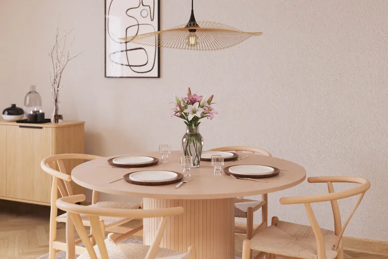 Kopparbo Matgrupp 130 cm Rund med 4 Dastoori Matstolar - Beige - Möbler - Bord & matgrupper - Matgrupper