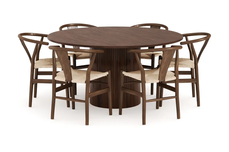 Kopparbo Matgrupp 150 cm Rund med 6 Dastoori Matstolar - Valnöt - Möbler - Bord & matgrupper - Matgrupper