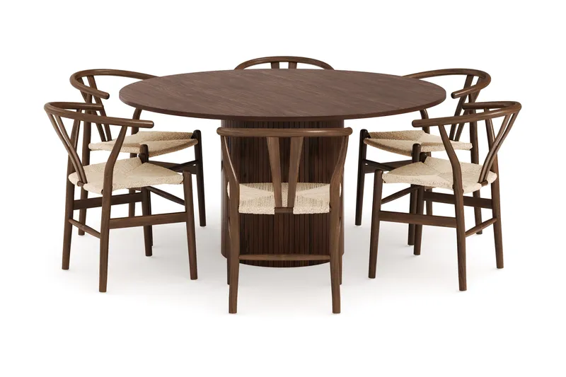 Kopparbo Matgrupp 150 cm Rund med 6 Dastoori Matstolar - Valnöt - Möbler - Bord & matgrupper - Matgrupper