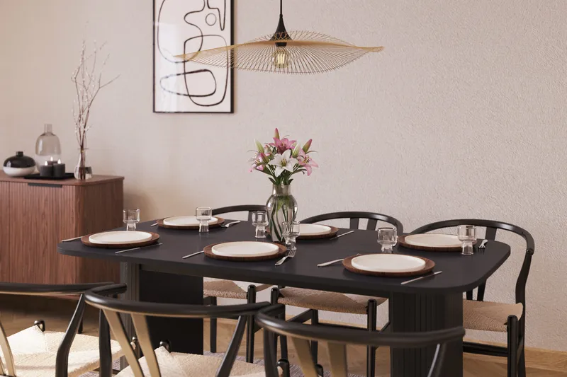 Kopparbo Matgrupp 160 cm med 6 Dastoori Matstol - 2220067-6,2229297-1 - Svart - Möbler - Bord & matgrupper - Matgrupper