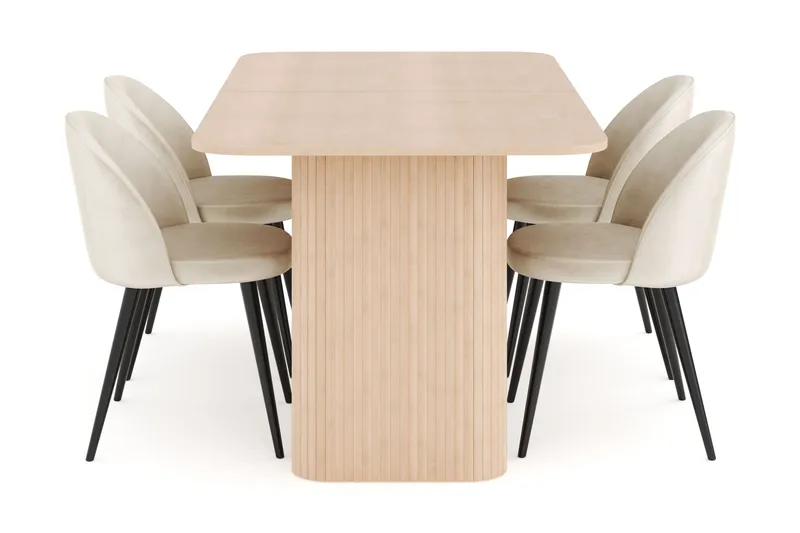 Kopparbo Matgrupp 180-240 cm Förlängningsbart med 4 Valeri Sammetsstolar - Whitewash - Möbler - Bord & matgrupper - Matgrupper