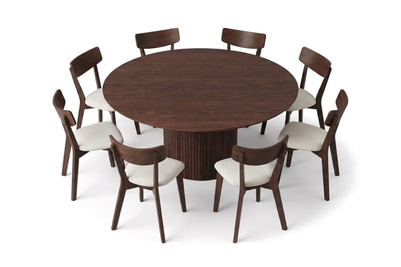 Kopparbo Matgrupp 180 cm runt i Valnöt med 8 Amelia Matstolar med Dyna - Valnöt/Beige - Möbler - Bord & matgrupper - Matgrupper