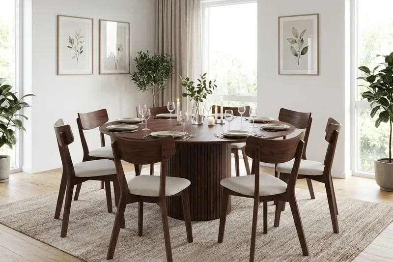 Kopparbo Matgrupp 180 cm runt i Valnöt med 8 Amelia Matstolar med Dyna - Valnöt/Beige - Möbler - Bord & matgrupper - Matgrupper