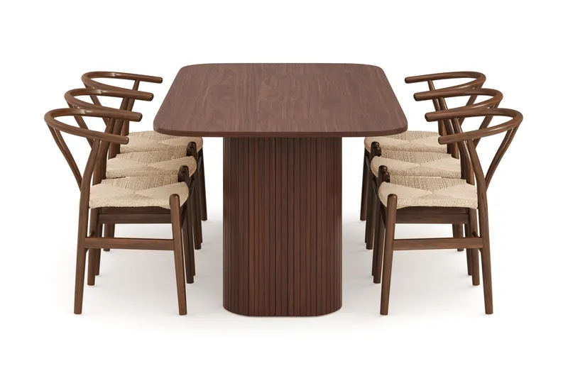 Kopparbo Matgrupp 200 cm med 6 Dastoori Matstol - Brun / Beige / Trä / Ribbad - Möbler - Bord & matgrupper - Matgrupper