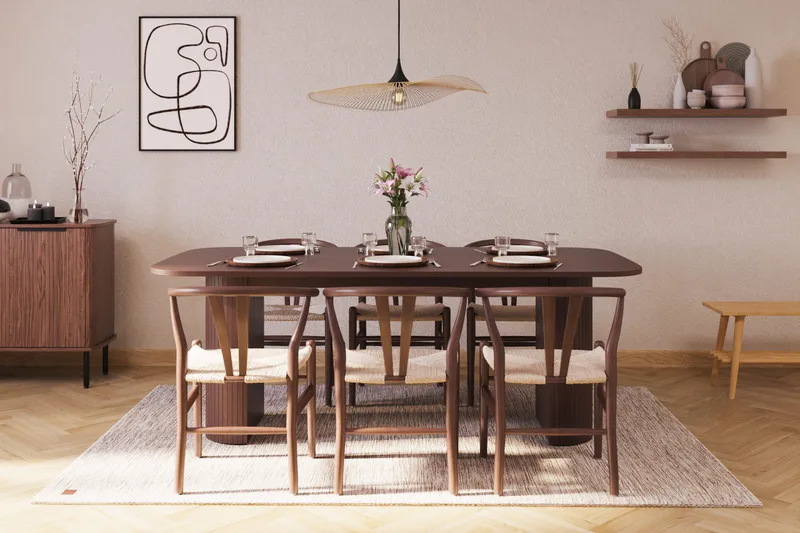 Kopparbo Matgrupp 200 cm med 6 Dastoori Matstol - Brun / Beige / Trä / Ribbad - Möbler - Bord & matgrupper - Matgrupper