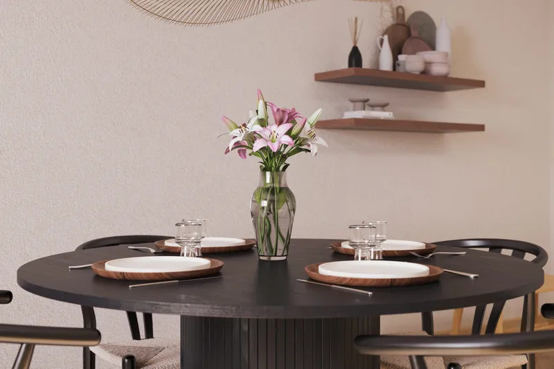 Kopparbo Matgrupp förlängningsbart 130-180 cm Rund med 4 Dastoori Matstol - 2220067-4,2229282-1 - Svart - Möbler - Bord & matgrupper - Matgrupper