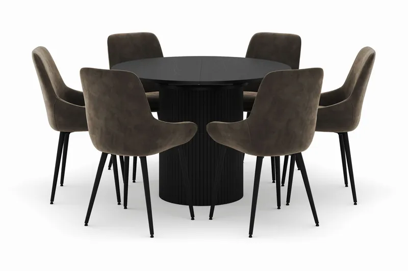 Kopparbo Rund Matgrupp 106-156cm med 6 Alsarp Matstolar - Svart - Möbler - Bord & matgrupper - Matgrupper