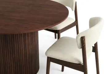 Kopparbo Rund Matgrupp 130 cm – Matbord med 6 Nala Matstolar i Trä med Valnötsutseende - Brun|Beige - Möbler - Bord & matgrupper - Matgrupper