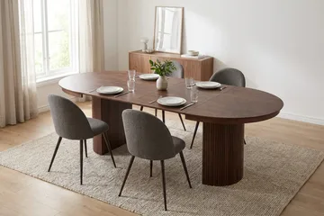 Kopparbo Rund Utdragbar Matgrupp 120-220 cm – Matbord med 4 Nibe Plus Matstolar i Trä med Valnötsutseende - Brun - Möbler - Bord & matgrupper - Matgrupper