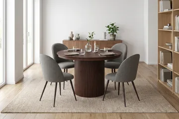 Kopparbo Rund Utdragbar Matgrupp 120-220 cm – Matbord med 4 Nibe Plus Matstolar i Trä med Valnötsutseende - Brun - Möbler - Bord & matgrupper - Matgrupper