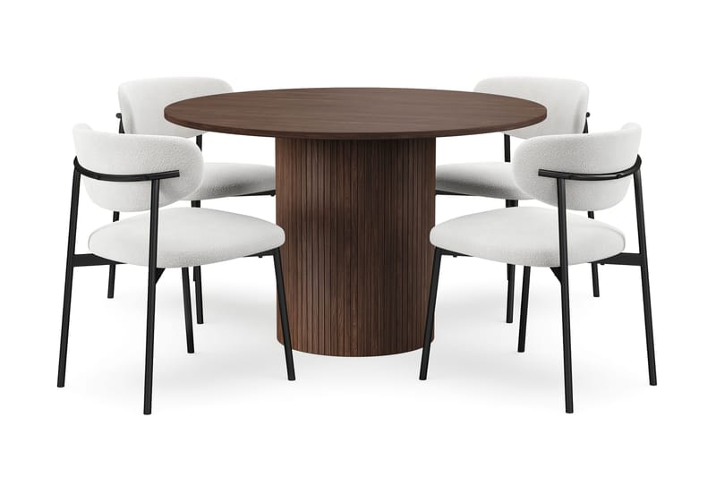 Kopparbo Runt Matbord 120 cm för 6 personer med 4 Lucy Matstolar, Mörkbrun / Vit Bouclé / Metallben Svart