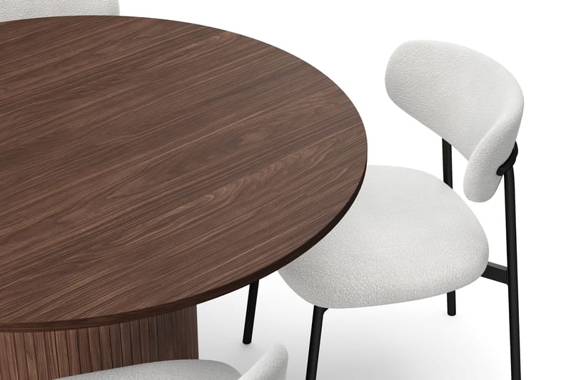 Kopparbo Runt Matbord 120 cm för 6 personer med 4 Lucy Matstolar - Mörkbrun / Vit Bouclé / Metallben Svart - Möbler - Bord & matgrupper - Matgrupper