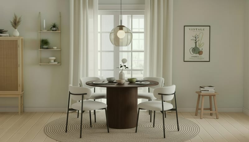 Kopparbo Runt Matbord 120 cm för 6 personer med 4 Lucy Matstolar - Mörkbrun / Vit Bouclé / Metallben Svart - Möbler - Bord & matgrupper - Matgrupper