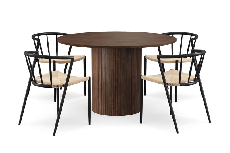 Kopparbo Runt Matbord 120 cm för 6 personer med 4 Winston Matstolar - Mörkbrun / Beige / Metallben Svart - Möbler - Bord & matgrupper - Matgrupper