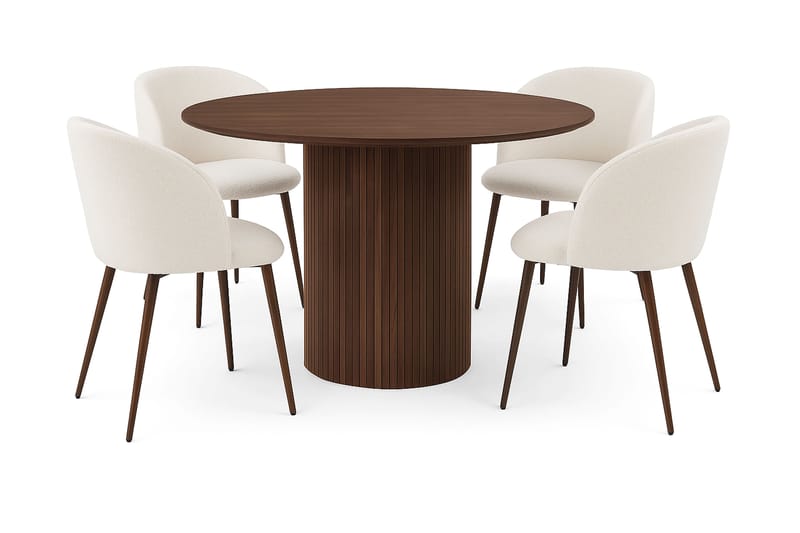 Kopparbo Runt Matbord 120 cm för 6 personer med 4 Greya Matstolar med armstöd, Mörkbrun / Vit Bouclé / Metallben Valnöt