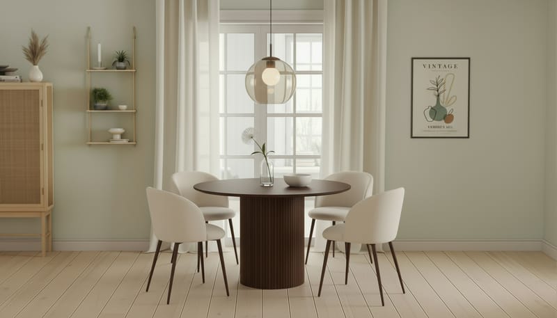 Kopparbo Runt Matbord 120 cm för 6 personer med 4 Greya Matstolar med armstöd - Mörkbrun / Vit Bouclé / Metallben Valnöt - Möbler - Bord & matgrupper - Matgrupper