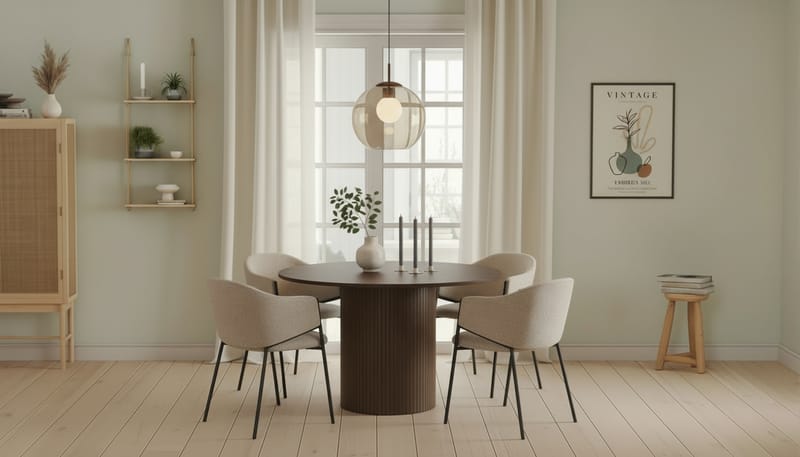 Kopparbo Runt Matbord 120 cm med 4 Filip Matstolar - Mörkbrun / Taupe Bouclé - Möbler - Bord & matgrupper - Matgrupper