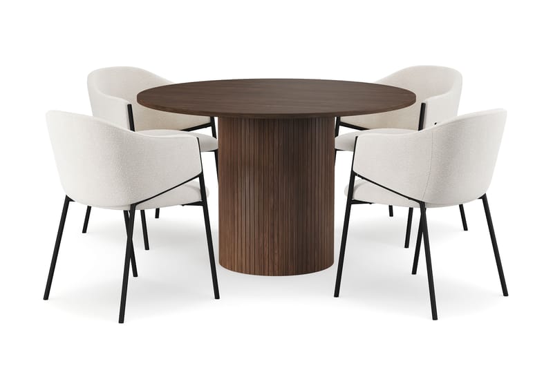 Kopparbo Runt Matbord 120 cm med 4 Filip Matstolar, Mörkbrun / Vit Bouclé