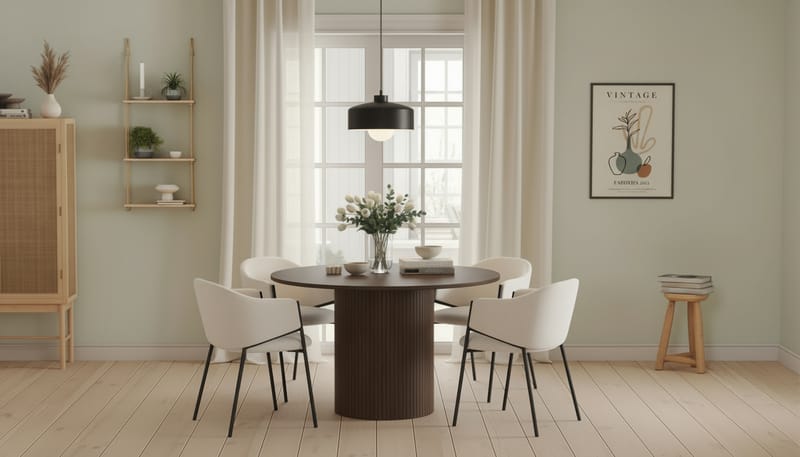 Kopparbo Runt Matbord 120 cm med 4 Filip Matstolar - Mörkbrun / Vit Bouclé - Möbler - Bord & matgrupper - Matgrupper