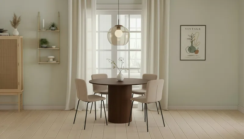 Kopparbo Runt Matbord 120 cm med 4 Katy Matstolar - Mörkbrun / Greige Bouclé / Metallben Svart - Möbler - Bord & matgrupper - Matgrupper