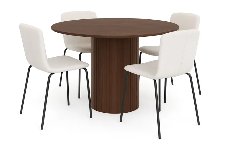 Kopparbo Runt Matbord 120 cm med 4 Katy Matstolar, Mörkbrun / Vit Bouclé / Metallben Svart