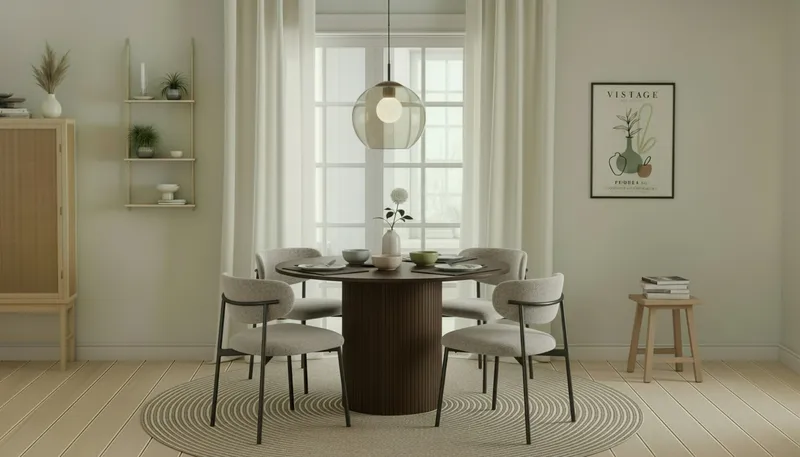 Kopparbo Runt Matbord 120 cm med 4 Lucy Matstolar - Mörkbrun / Greige Bouclé / Metallben Svart - Möbler - Bord & matgrupper - Matgrupper