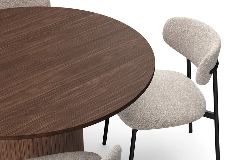 Kopparbo Runt Matbord 120 cm med 4 Lucy Matstolar - Mörkbrun / Greige Bouclé / Metallben Svart - Möbler - Bord & matgrupper - Matgrupper