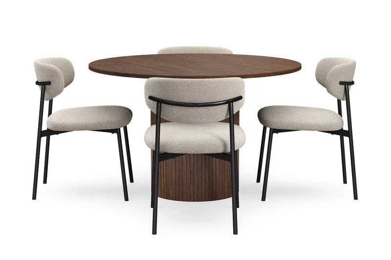 Kopparbo Runt Matbord 120 cm med 4 Lucy Matstolar - Mörkbrun / Greige Bouclé / Metallben Svart - Möbler - Bord & matgrupper - Matgrupper