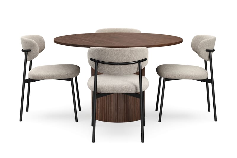 Kopparbo Runt Matbord 120 cm med 4 Lucy Matstolar - Mörkbrun / Greige Bouclé / Metallben Svart - Möbler - Bord & matgrupper - Matgrupper