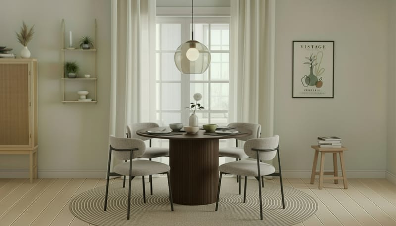 Kopparbo Runt Matbord 120 cm med 4 Lucy Matstolar - Mörkbrun / Greige Bouclé / Metallben Svart - Möbler - Bord & matgrupper - Matgrupper