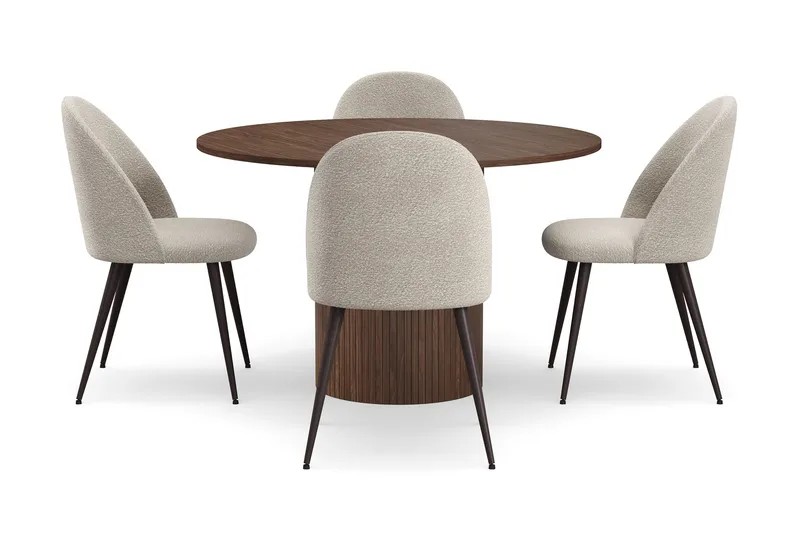 Kopparbo Runt Matbord 120 cm med 4 Nibe Plus Matstolar - Mörkbrun / Greige Bouclé / Metallben Valnöt - Möbler - Bord & matgrupper - Matgrupper