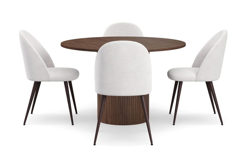 Kopparbo Runt Matbord 120 cm med 4 Nibe Plus Matstolar - Mörkbrun / Vit Bouclé / Metallben Valnöt - Möbler - Bord & matgrupper - Matgrupper